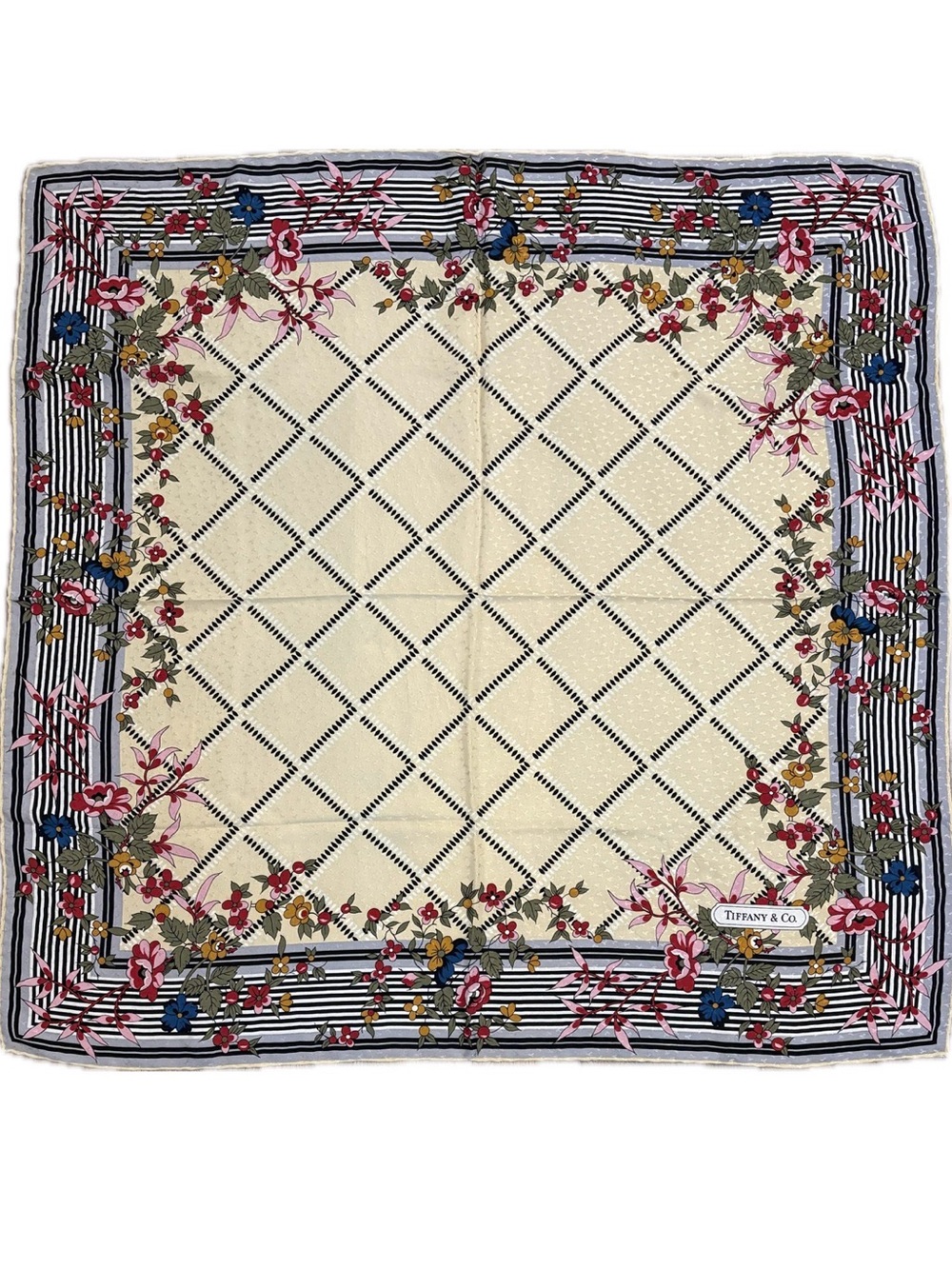 Tiffany & Co. Cream Silk Scarf with Navy Lattice and Pink Floral Border